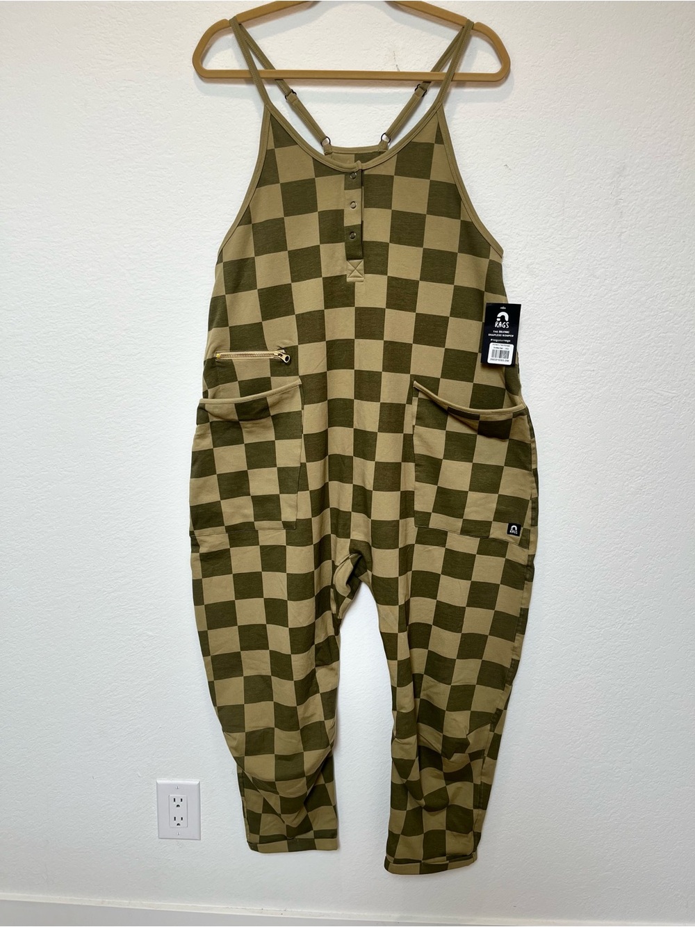 RAGS Womens Olive Checkerboard Overalls Romper NWT